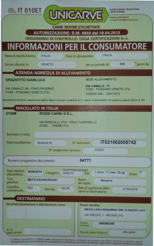 Certificato carni